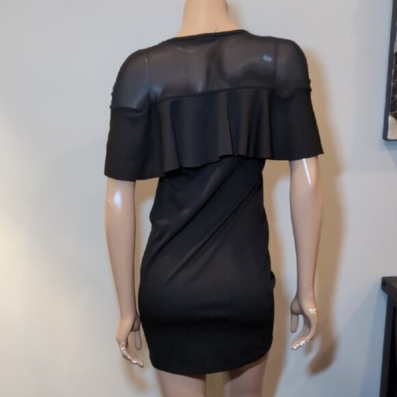 Black Flutter Sleeve Mini Dress Sheer Illusion Flounce Bodycon LBD Cocktail - Picture 2 of 7
